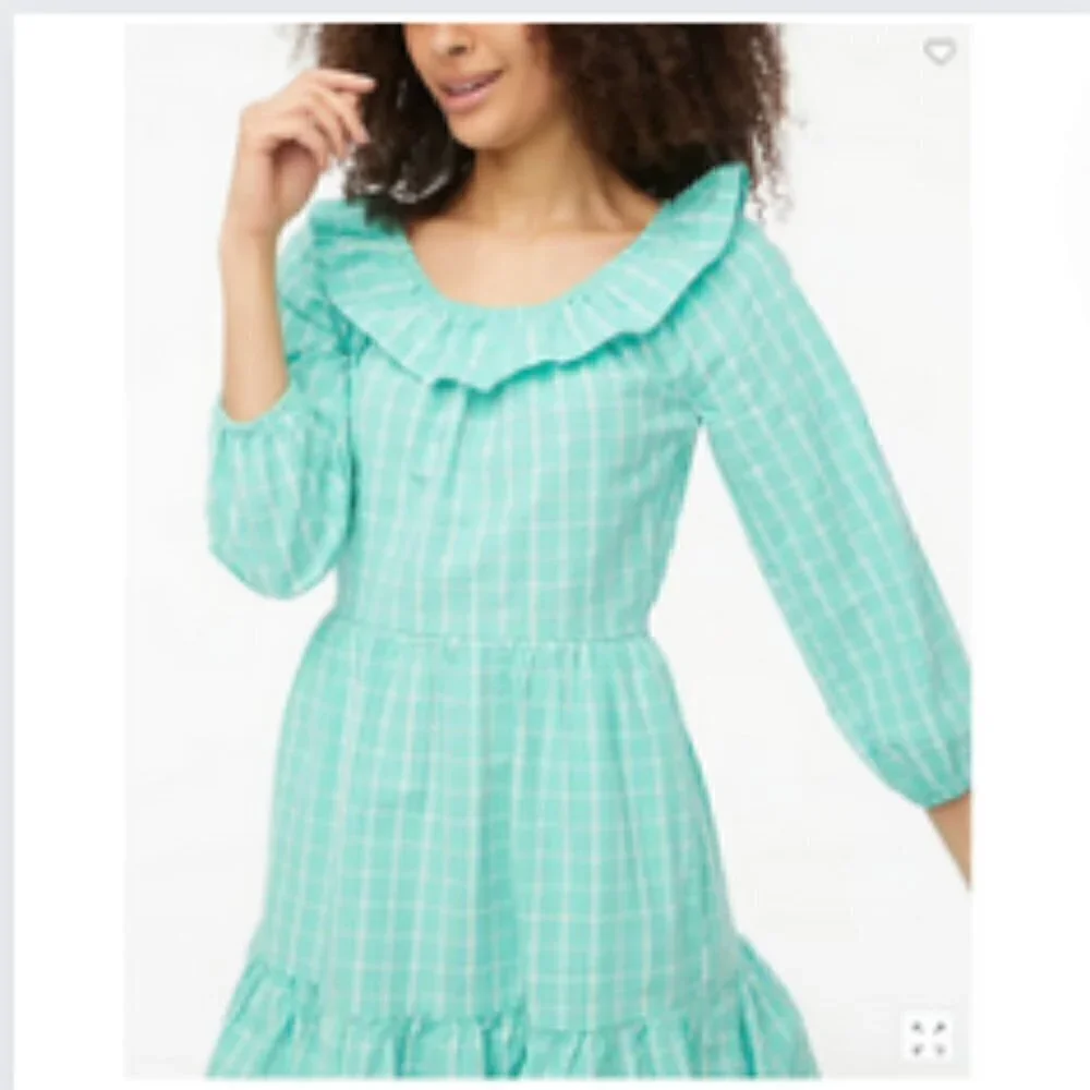 J. Crew Seersucker Ruffleneck Cotton Mini Dress, Aqua Green Blue, Cottagecore